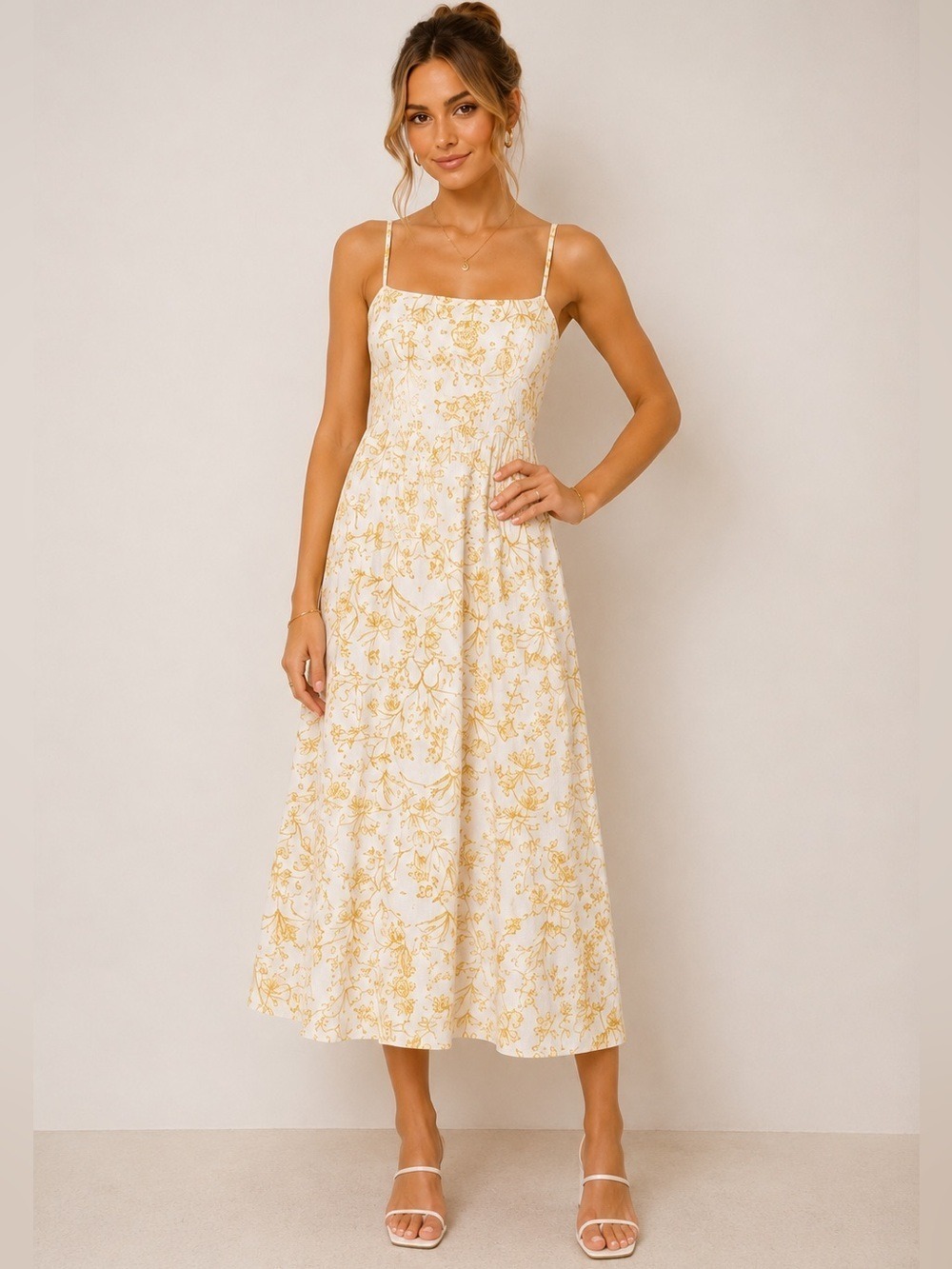 1. STATE Linen Blend Floral Midi Dress XS Smocked Back Cottagecore - Picture 1 of 9